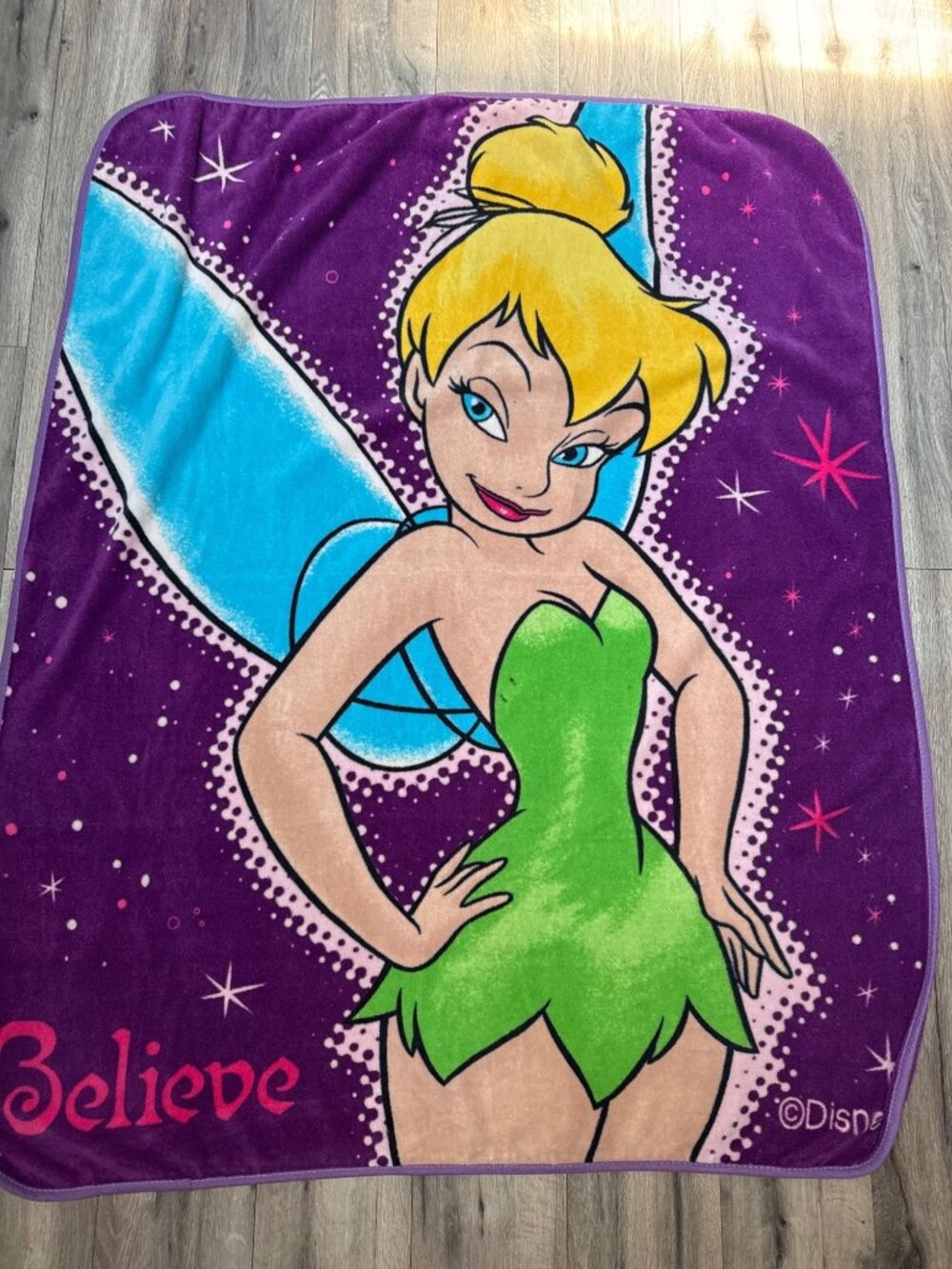 Disney Tinker Bell Believe Blanket Purple Green 49"x59" Microfiber Kids Decor Y2